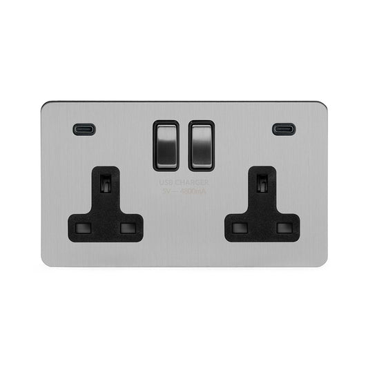 Soho Lighting Brushed Chrome Flat Plate 2 Gang USB C+C Socket (13A Socket + 2 USB C 4.8A Ports)