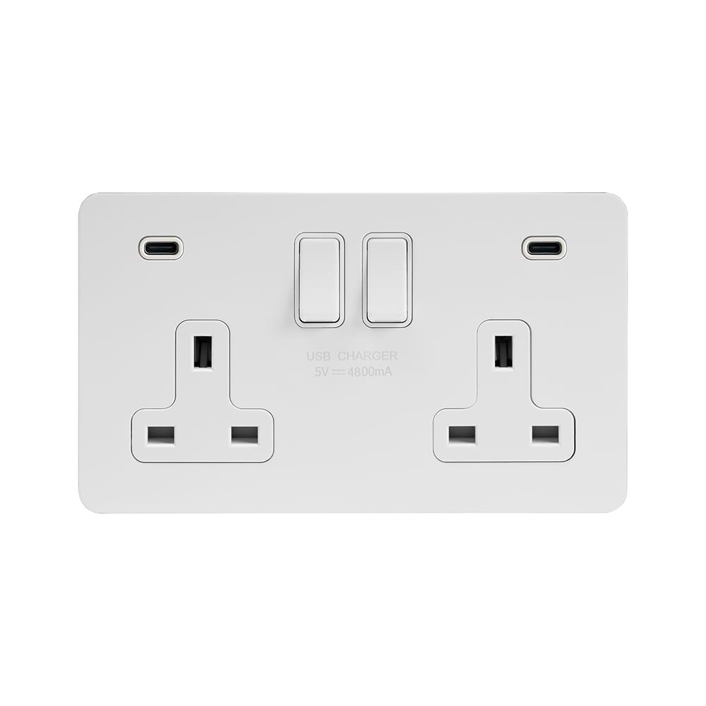 Soho Lighting White Metal Flat Plate 2 Gang USB C+C Socket (13A Socket + 2 USB C 4.8A Ports)
