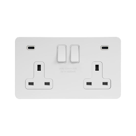 Soho Lighting White Metal Flat Plate 2 Gang USB C+C Socket (13A Socket + 2 USB C 4.8A Ports)
