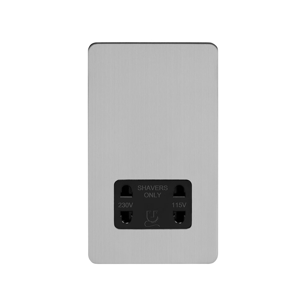 The Lombard Collection Brushed Chrome Flat Plate Shaver Socket 230/115V Plate Blk Ins Screwless