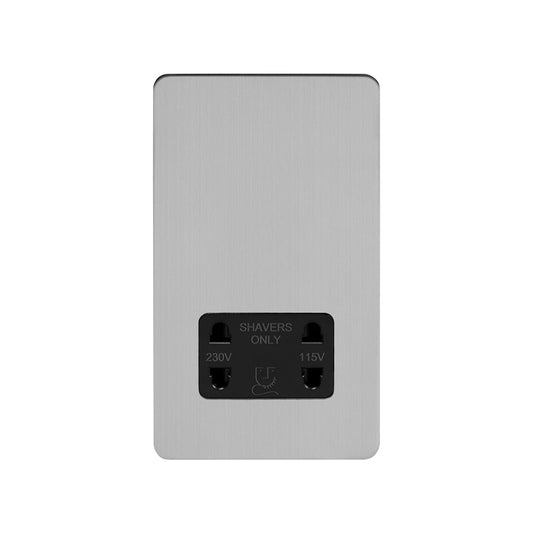 The Lombard Collection Brushed Chrome Flat Plate Shaver Socket 230/115V Plate Blk Ins Screwless