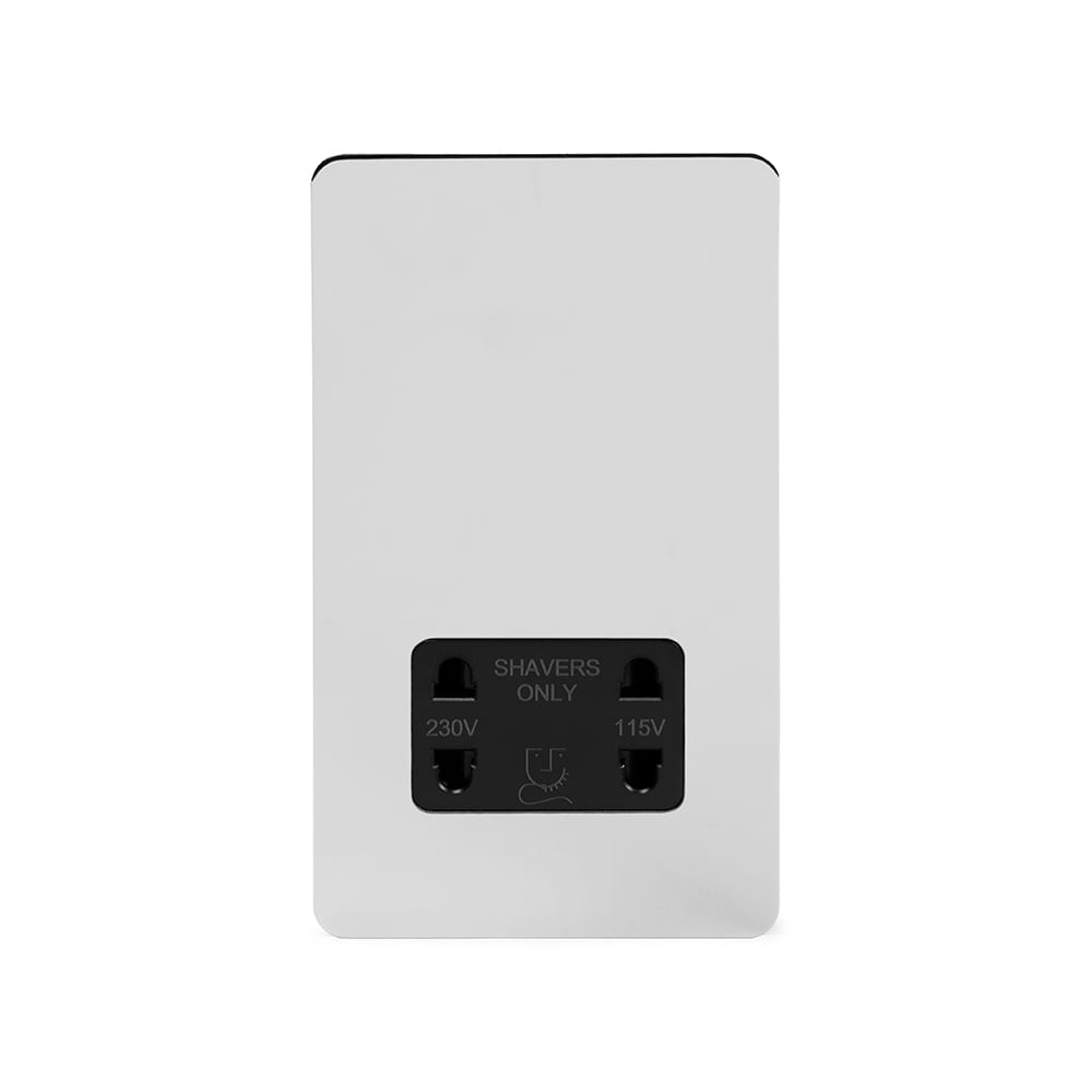 The Finsbury Collection Polished Chrome Flat Plate Shaver Socket 230/115V Plate Blk Ins Screwless