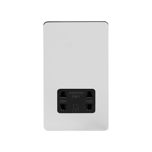 The Finsbury Collection Polished Chrome Flat Plate Shaver Socket 230/115V Plate Blk Ins Screwless