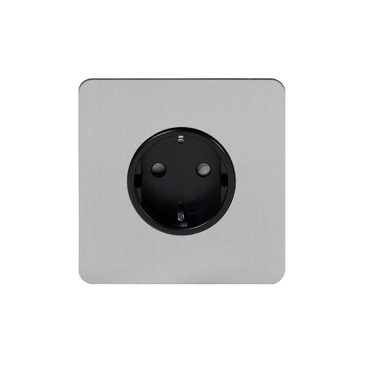 The Lombard Collection Brushed Chrome Flat Plate 16A 1 Gang Euro Schuko Socket Blk Ins Screwless