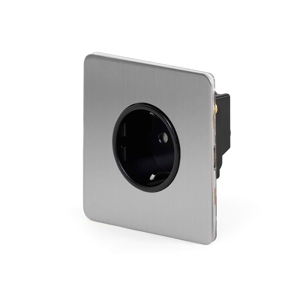The Lombard Collection Brushed Chrome Flat Plate 16A 1 Gang Euro Schuko Socket Blk Ins Screwless
