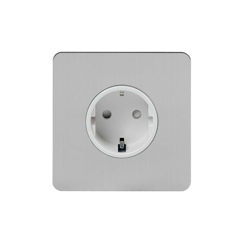 The Lombard Collection Brushed Chrome Flat Plate 16A 1 Gang Euro Schuko Socket Wht Ins Screwless