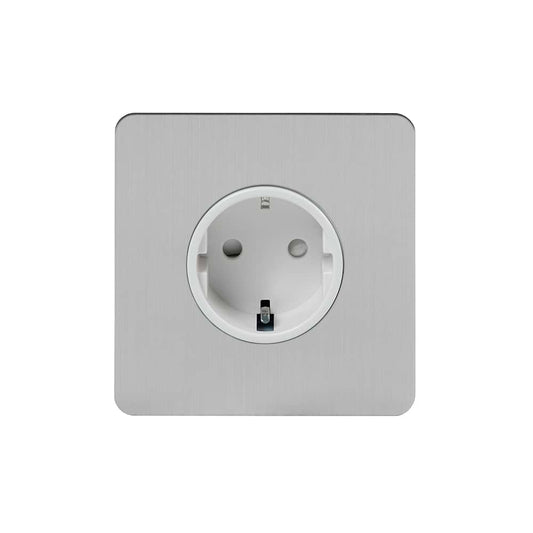 The Lombard Collection Brushed Chrome Flat Plate 16A 1 Gang Euro Schuko Socket Wht Ins Screwless