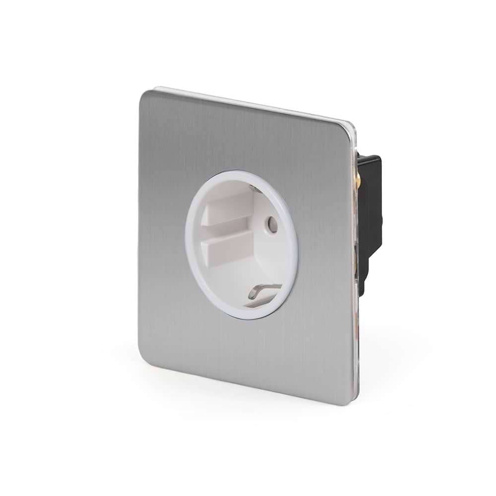 The Lombard Collection Brushed Chrome Flat Plate 16A 1 Gang Euro Schuko Socket Wht Ins Screwless
