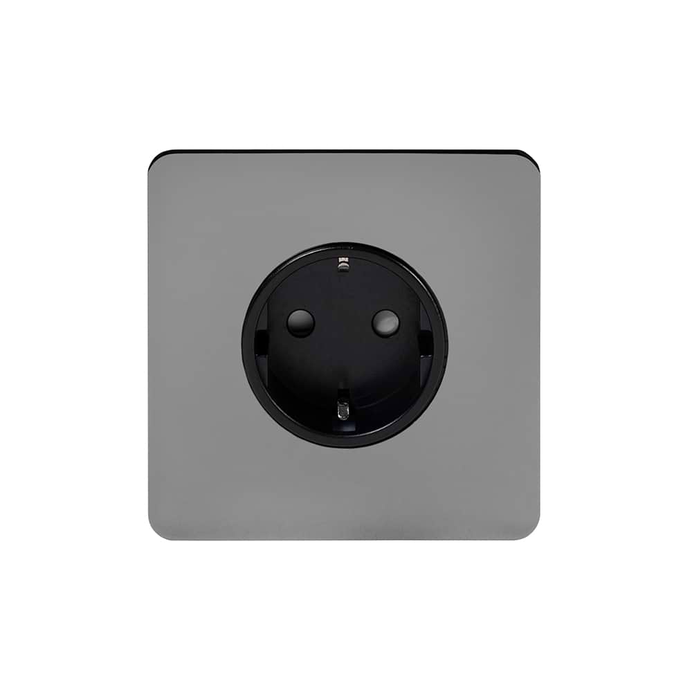The Connaught Collection Black Nickel Flat Plate 16A 1 Gang Euro Schuko Socket Blk Ins Screwless