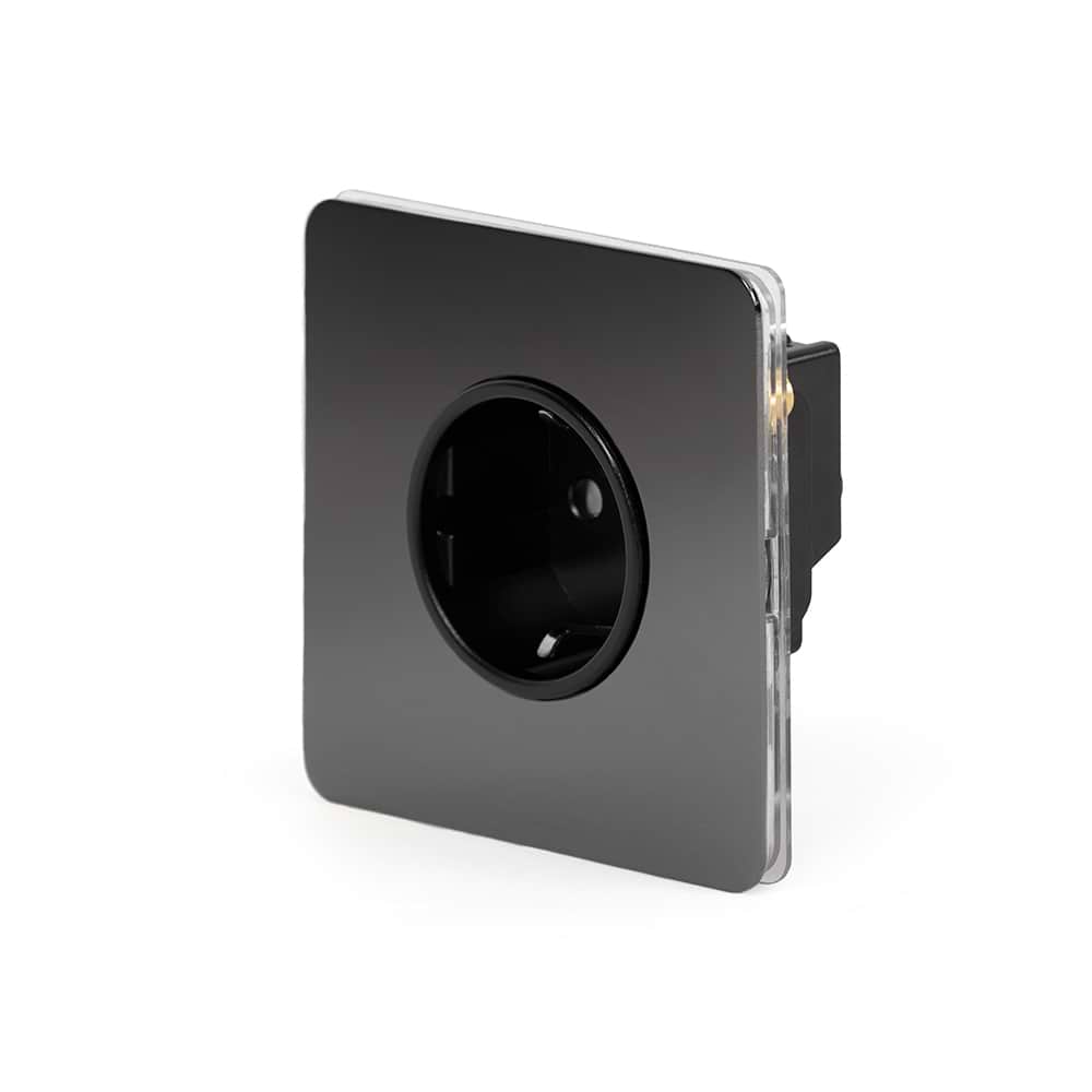 The Connaught Collection Black Nickel Flat Plate 16A 1 Gang Euro Schuko Socket Blk Ins Screwless