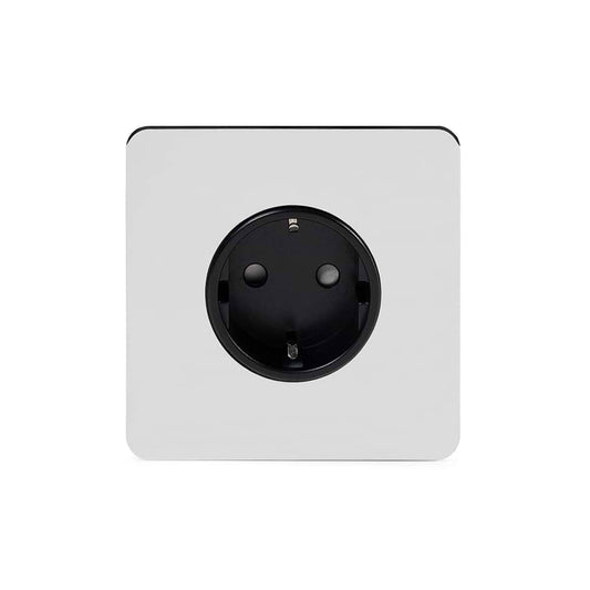 The Finsbury Collection Polished Chrome Flat Plate 16A 1 Gang Euro Schuko Socket Blk Ins Screwless