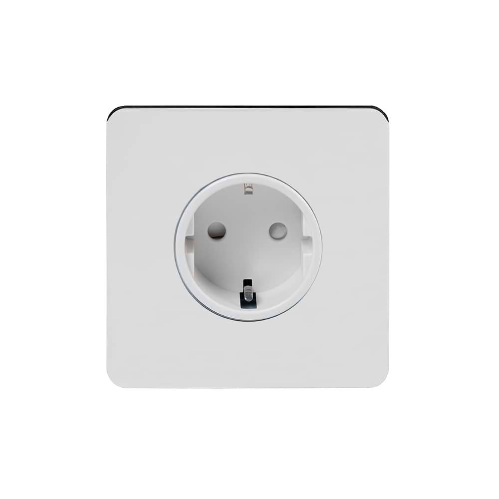 The Finsbury Collection Polished Chrome Flat Plate 16A 1 Gang Euro Schuko Socket Wht Ins Screwless