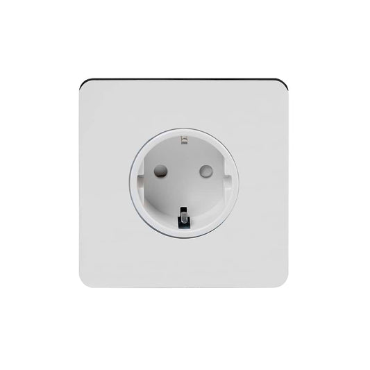 The Finsbury Collection Polished Chrome Flat Plate 16A 1 Gang Euro Schuko Socket Wht Ins Screwless