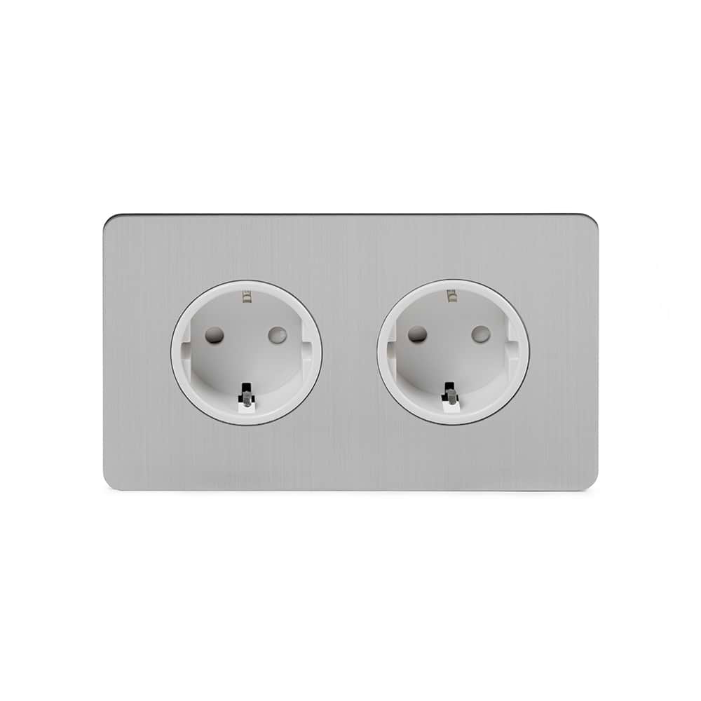 The Lombard Collection Brushed Chrome Flat Plate 16A 2 Gang Euro Schuko Socket Wht Ins Screwless