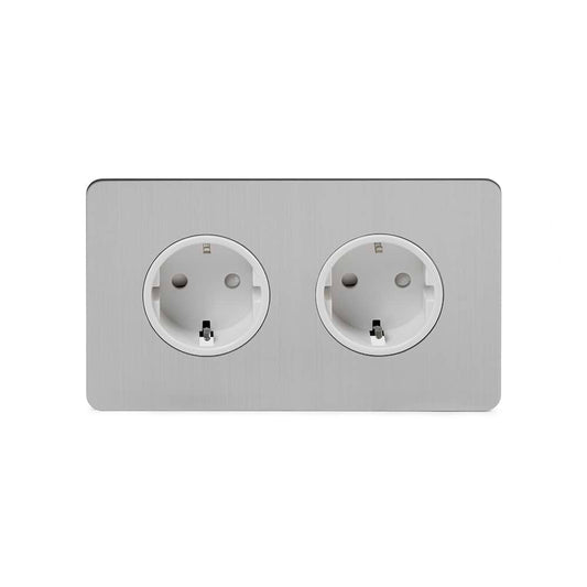 The Lombard Collection Brushed Chrome Flat Plate 16A 2 Gang Euro Schuko Socket Wht Ins Screwless