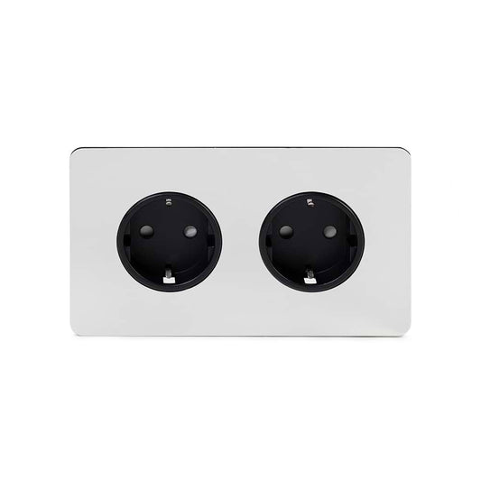 The Finsbury Collection Polished Chrome Flat Plate 16A 2 Gang Euro Schuko Socket Blk Ins Screwless