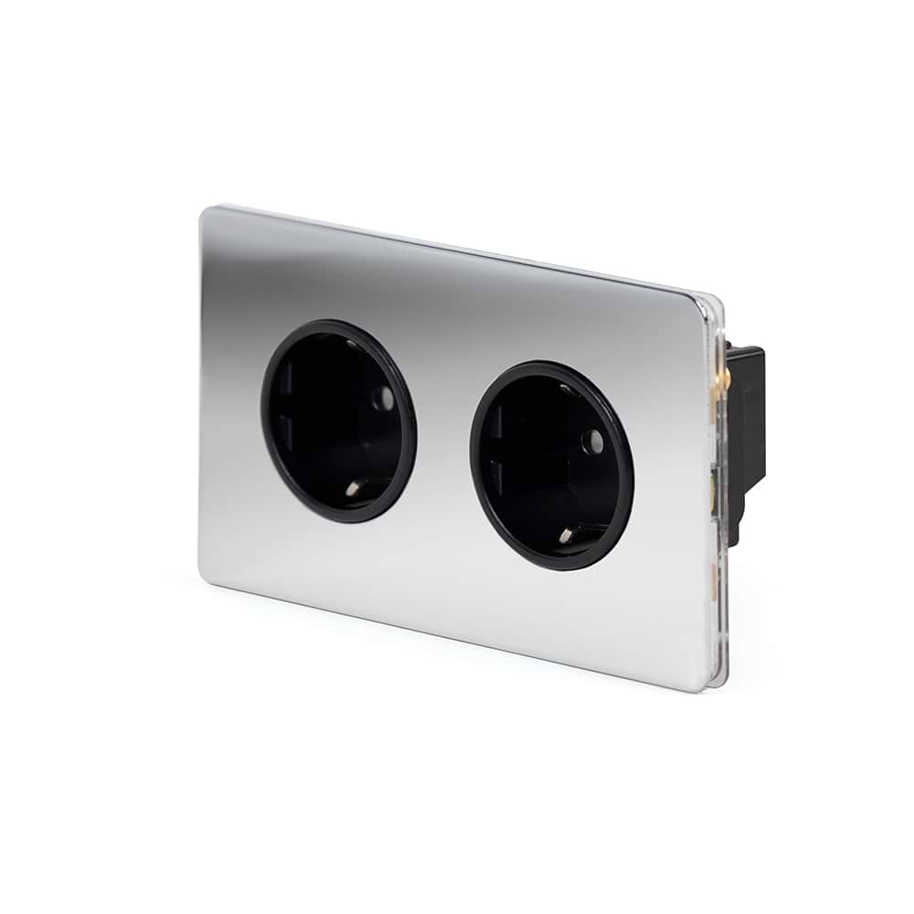 The Finsbury Collection Polished Chrome Flat Plate 16A 2 Gang Euro Schuko Socket Blk Ins Screwless