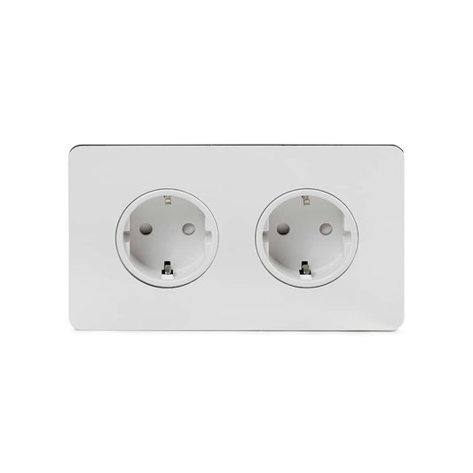 The Finsbury Collection Polished Chrome Flat Plate 16A 2 Gang Euro Schuko Socket Wht Ins Screwless