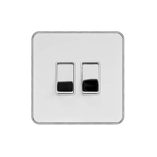 Soho Lighting White Metal & Polished Chrome With Chrome Edge 2 Gang Switch with 1x Intermediate Switch & 10A 2 Way Switch Black Insert Screwless