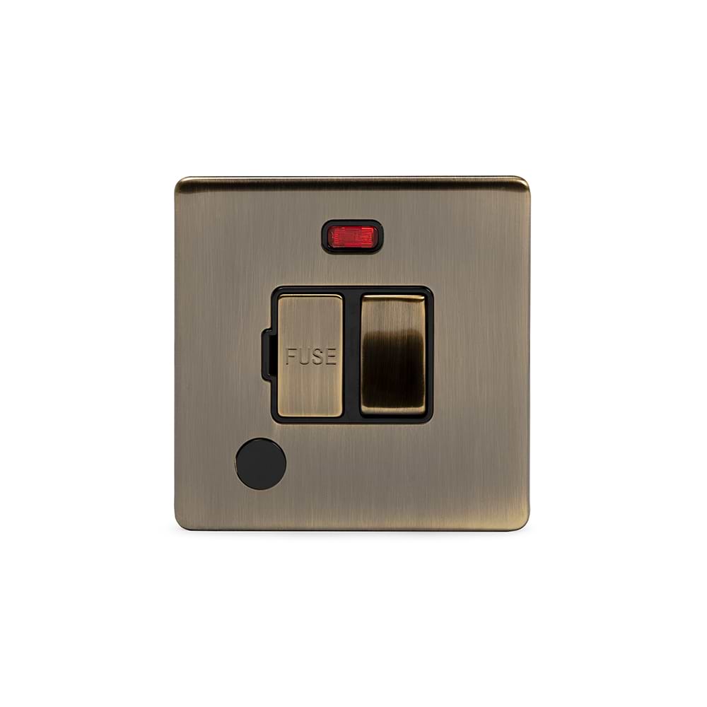 The Charterhouse Collection 13A Switched Fused Connection Unit (FCU) Flex Outlet With Neon Blk Ins Screwless Antique Brass