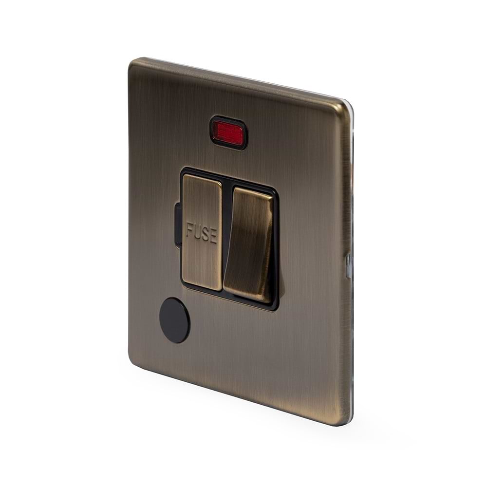 The Charterhouse Collection 13A Switched Fused Connection Unit (FCU) Flex Outlet With Neon Blk Ins Screwless Antique Brass