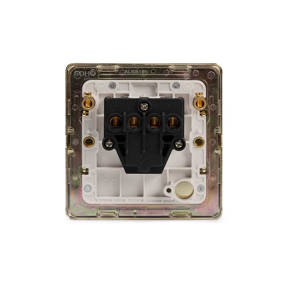 The Savoy Collection Brushed Brass 20A 1 Gang Double Pole Switch Wht Ins Screwless