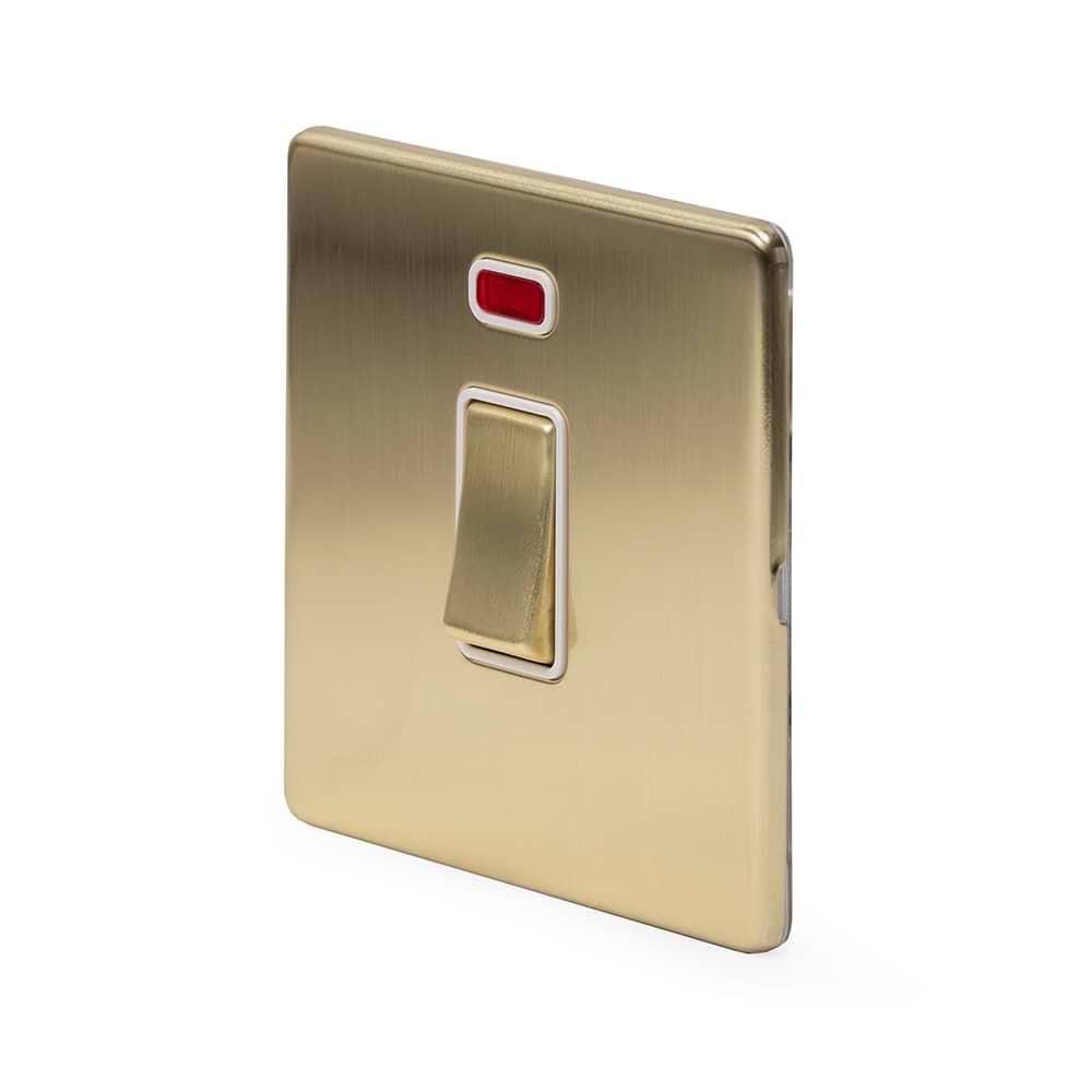 The Savoy Collection Brushed Brass 20A 1 Gang Double Pole Switch With Neon Wht Ins Screwless