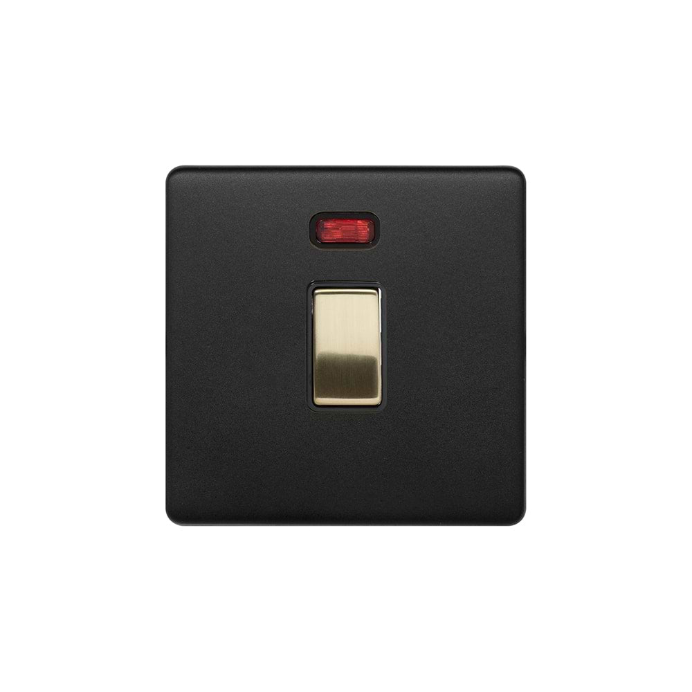The Camden Collection Matt Black & Brushed Brass 20A 1 Gang Double Pole Switch With Neon Blk Ins Screwless