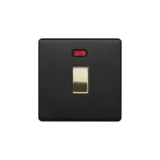 The Camden Collection Matt Black & Brushed Brass 20A 1 Gang Double Pole Switch With Neon Blk Ins Screwless