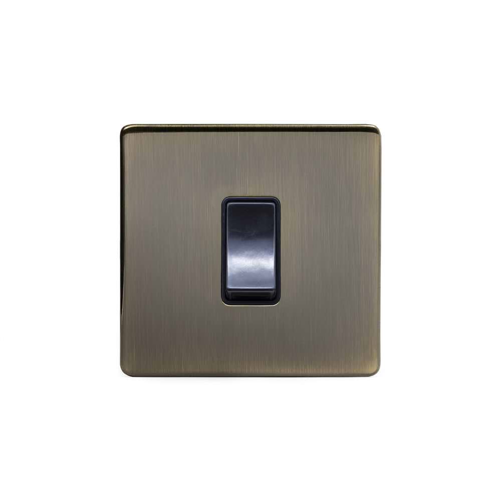 The Charterhouse Collection 45A 1 Gang Double Pole Switch Single Plate Blk Ins Screwless Antique Brass