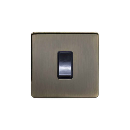 The Charterhouse Collection 45A 1 Gang Double Pole Switch Single Plate Blk Ins Screwless Antique Brass