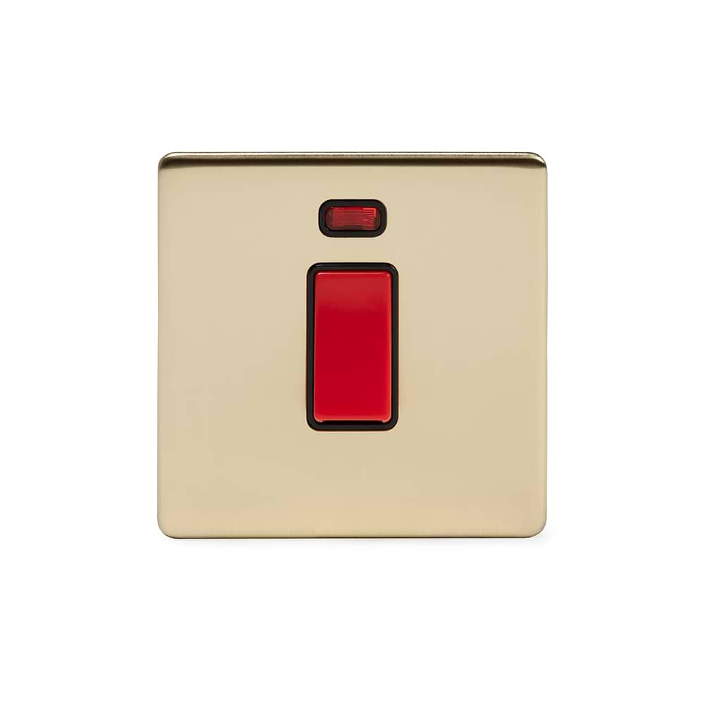 The Savoy Collection Brushed Brass 45A 1 Gang Double Pole Switch With Neon, Single Plate Black Insert Screwless