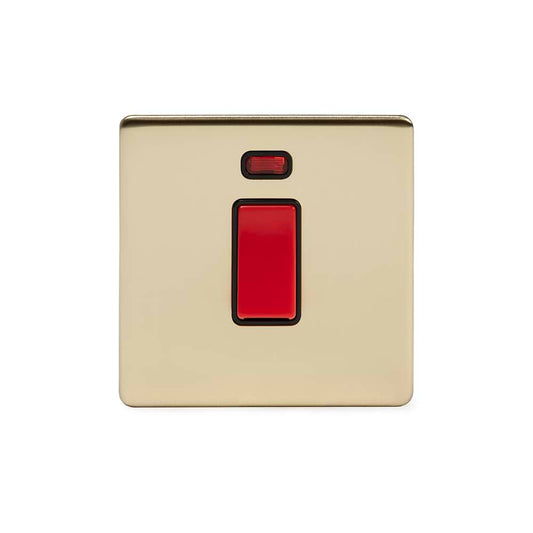 The Savoy Collection Brushed Brass 45A 1 Gang Double Pole Switch With Neon, Single Plate Black Insert Screwless