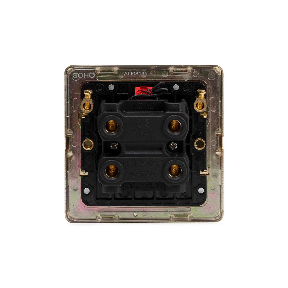 The Savoy Collection Brushed Brass 45A 1 Gang Double Pole Switch With Neon, Single Plate Black Insert Screwless