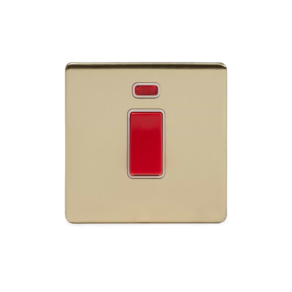 The Savoy Collection Brushed Brass 45A 1 Gang Double Pole Switch With Neon, Single Plate Wht Ins Screwless