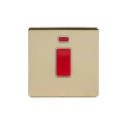 The Savoy Collection Brushed Brass 45A 1 Gang Double Pole Switch With Neon, Single Plate Wht Ins Screwless
