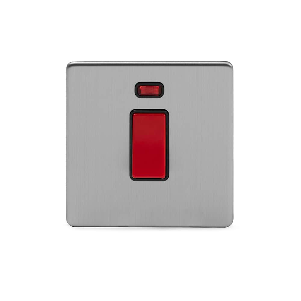 The Lombard Collection Brushed Chrome 45A 1 Gang Double Pole Switch With Neon, Single Plate Blk Ins Screwless