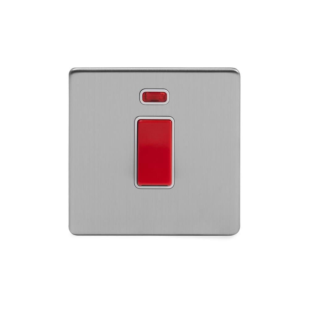 The Lombard Collection Brushed Chrome 45A 1 Gang Double Pole Switch With Neon, Single Plate Wht Ins Screwless