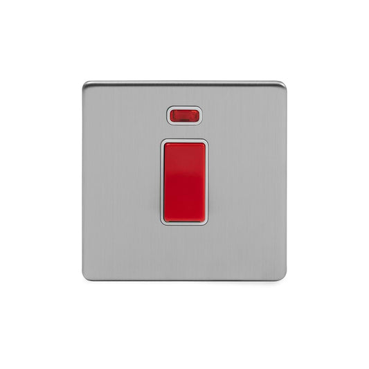 The Lombard Collection Brushed Chrome 45A 1 Gang Double Pole Switch With Neon, Single Plate Wht Ins Screwless