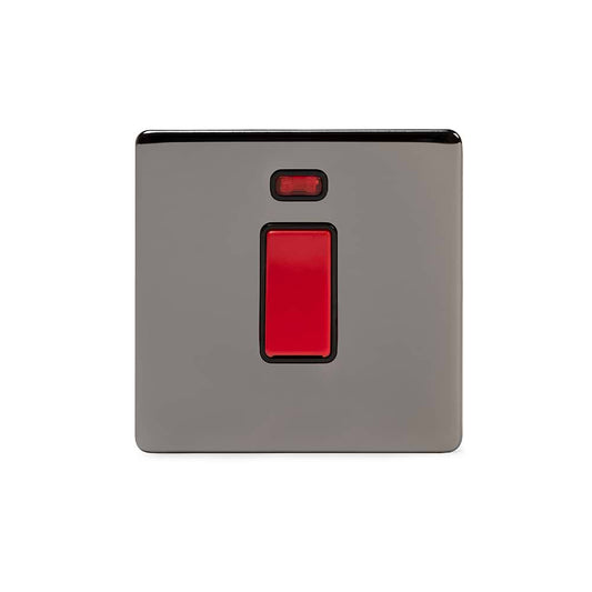 The Connaught Collection Black Nickel 45A 1 Gang Double Pole Switch With Neon Single Plate Blk Ins Screwless