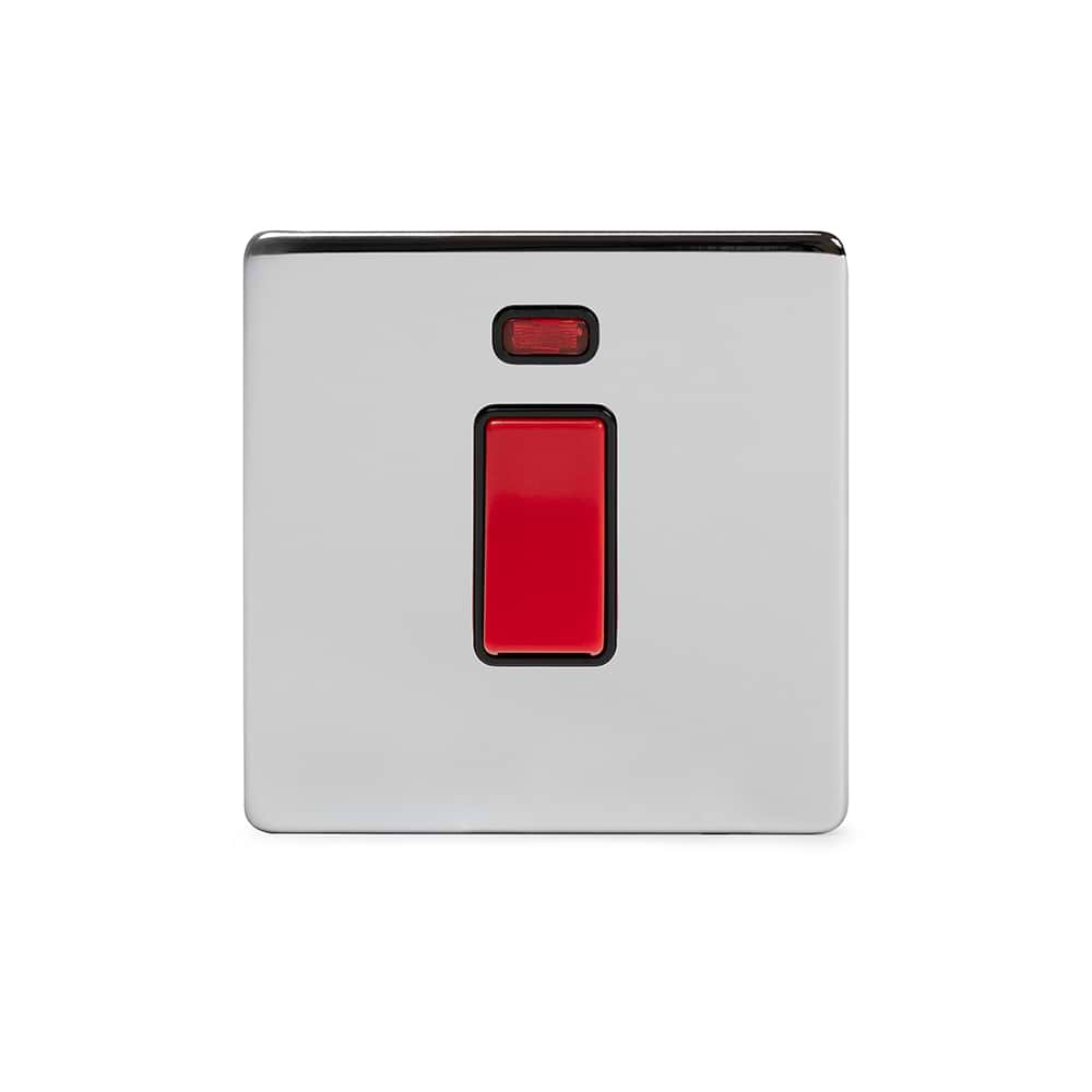 The Finsbury Collection Polished Chrome 45A 1 Gang Double Pole Switch With Neon, Single Plate Blk Ins Screwless