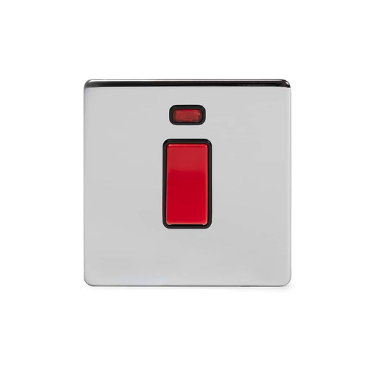 The Finsbury Collection Polished Chrome 45A 1 Gang Double Pole Switch With Neon, Single Plate Blk Ins Screwless