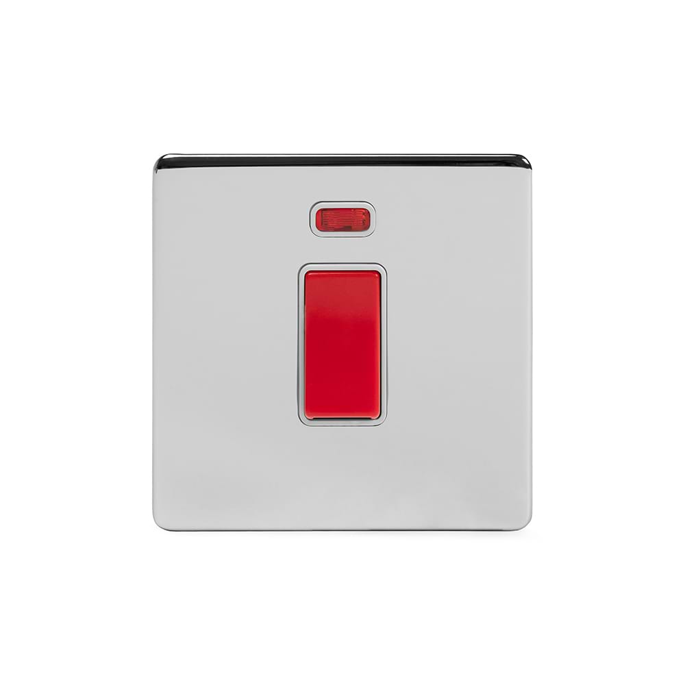 The Finsbury Collection Polished Chrome 45A 1 Gang Double Pole Switch With Neon, Single Plate Wht Ins Screwless