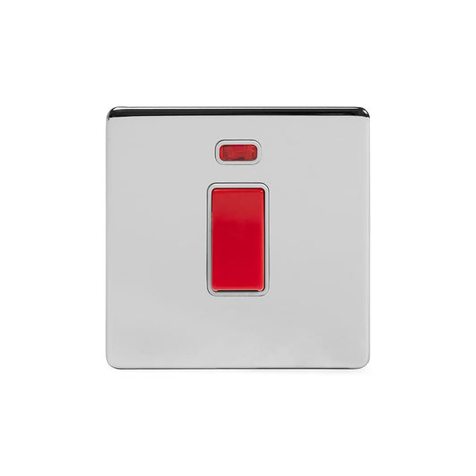 The Finsbury Collection Polished Chrome 45A 1 Gang Double Pole Switch With Neon, Single Plate Wht Ins Screwless