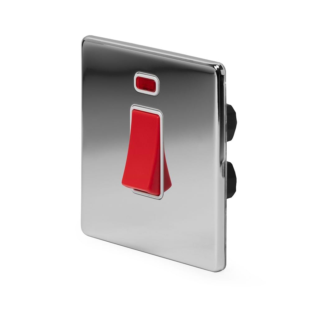 The Finsbury Collection Polished Chrome 45A 1 Gang Double Pole Switch With Neon, Single Plate Wht Ins Screwless