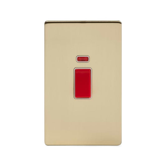 The Savoy Collection Brushed Brass 45A 1 Gang Double Pole Switch With Neon, Large Plate Wht Ins Screwless