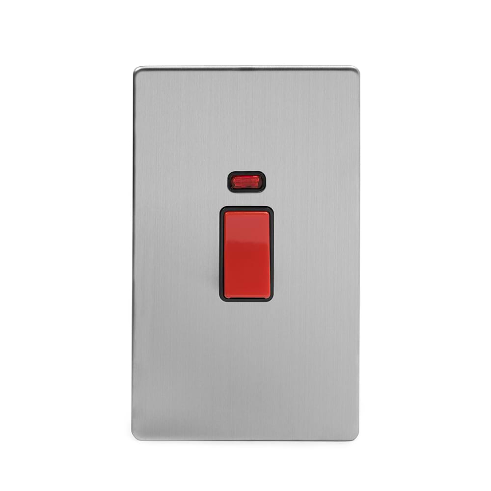 The Lombard Collection Brushed Chrome 45A 1 Gang Double Pole Switch With Neon, Large Plate Blk Ins Screwless