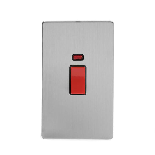 The Lombard Collection Brushed Chrome 45A 1 Gang Double Pole Switch With Neon, Large Plate Blk Ins Screwless