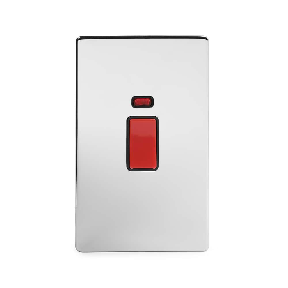 The Finsbury Collection Polished Chrome 45A 1 Gang Double Pole Switch With Neon Large Plate Blk Ins Screwless