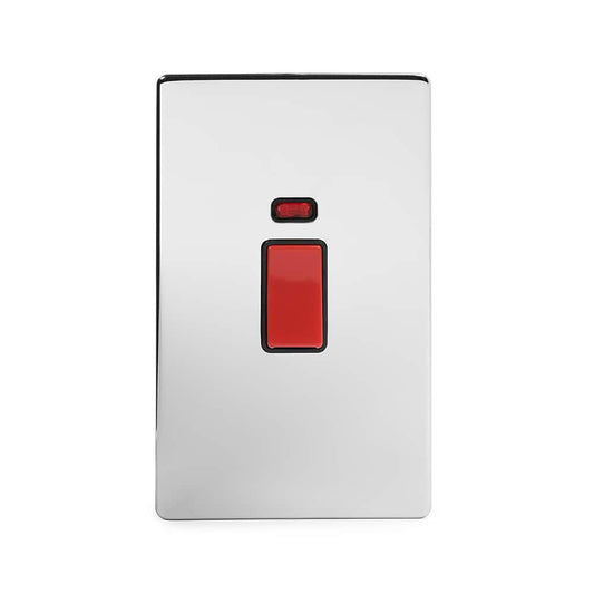 The Finsbury Collection Polished Chrome 45A 1 Gang Double Pole Switch With Neon Large Plate Blk Ins Screwless